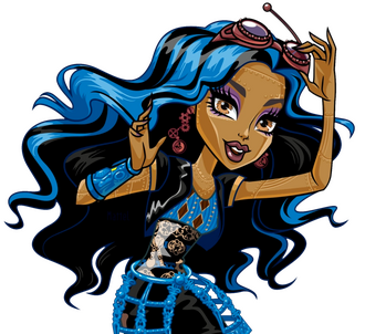 robecca steam in the official art style. she is shown from the hips up and is looking at the viewer. she has one hand fiddling with her goggles and another hand up.