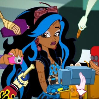 robecca steam in the webisodes art style. she is looking off to the side, holding her typewriter. she is being handed several things.