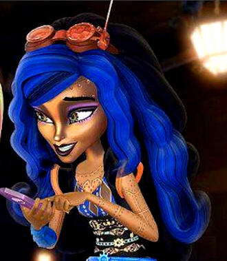 robecca steam in the 3d art style. she is looking at someone off-frame and smiling at them. she is holding her icoffin with one hand and tapping on it with the other.