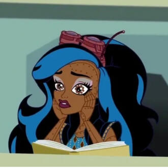 robecca steam in the webisodes art style. with both of her hands to her face, she has an exasperated expression. she has a book in front of her.